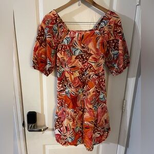 Tropical Print 100% cotton Mini Dress in Red and Orange